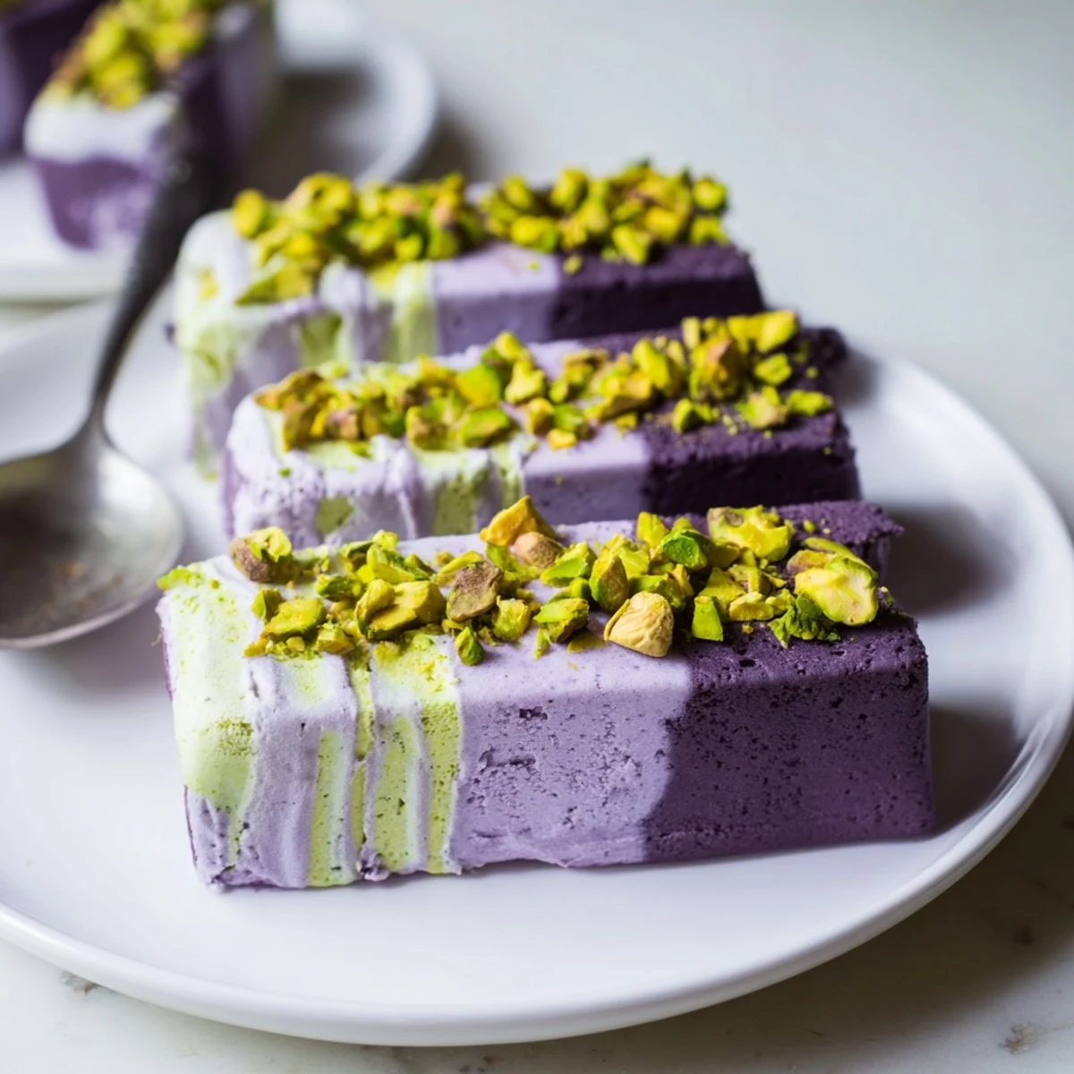 Vibrant ice cream bars showcasing rich ube and crunchy pistachio flavors, perfect for summer.