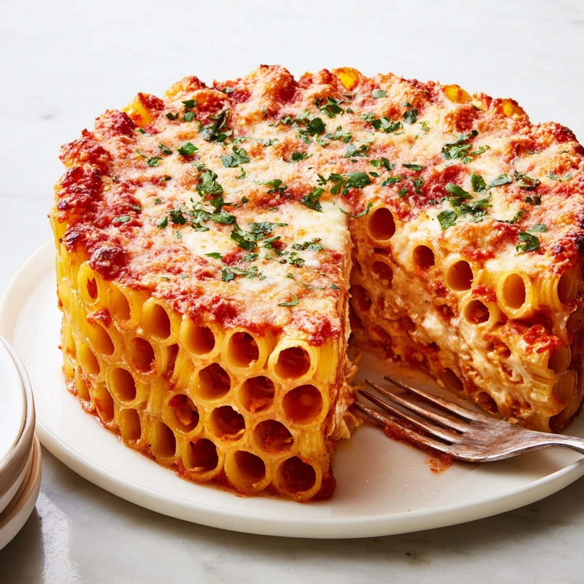 Delicious Honeycomb Pasta Cake topped with golden melted cheese and fresh parsley.  