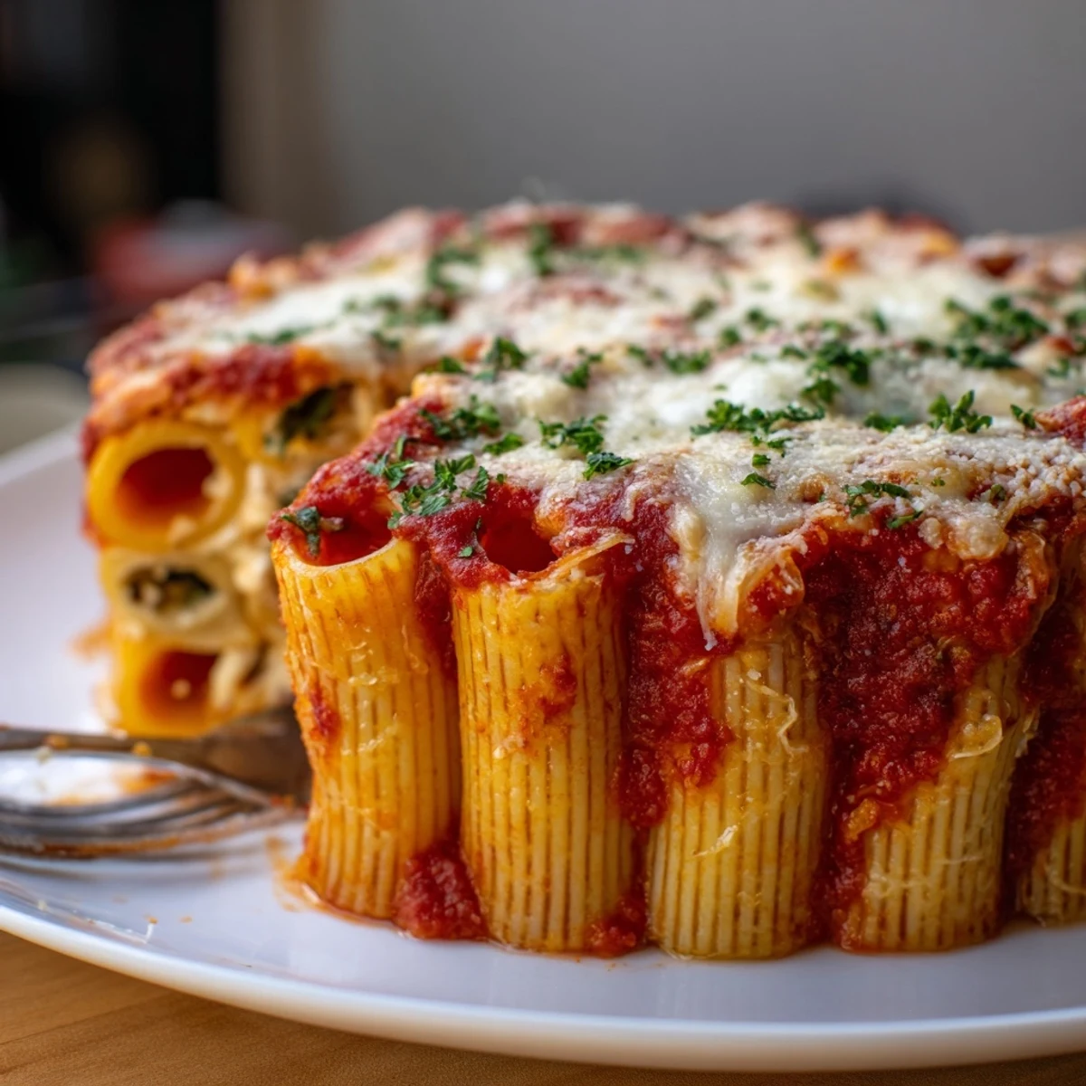 Beautifully arranged Honeycomb Pasta Cake filled with rich tomato sauce and creamy ricotta.  