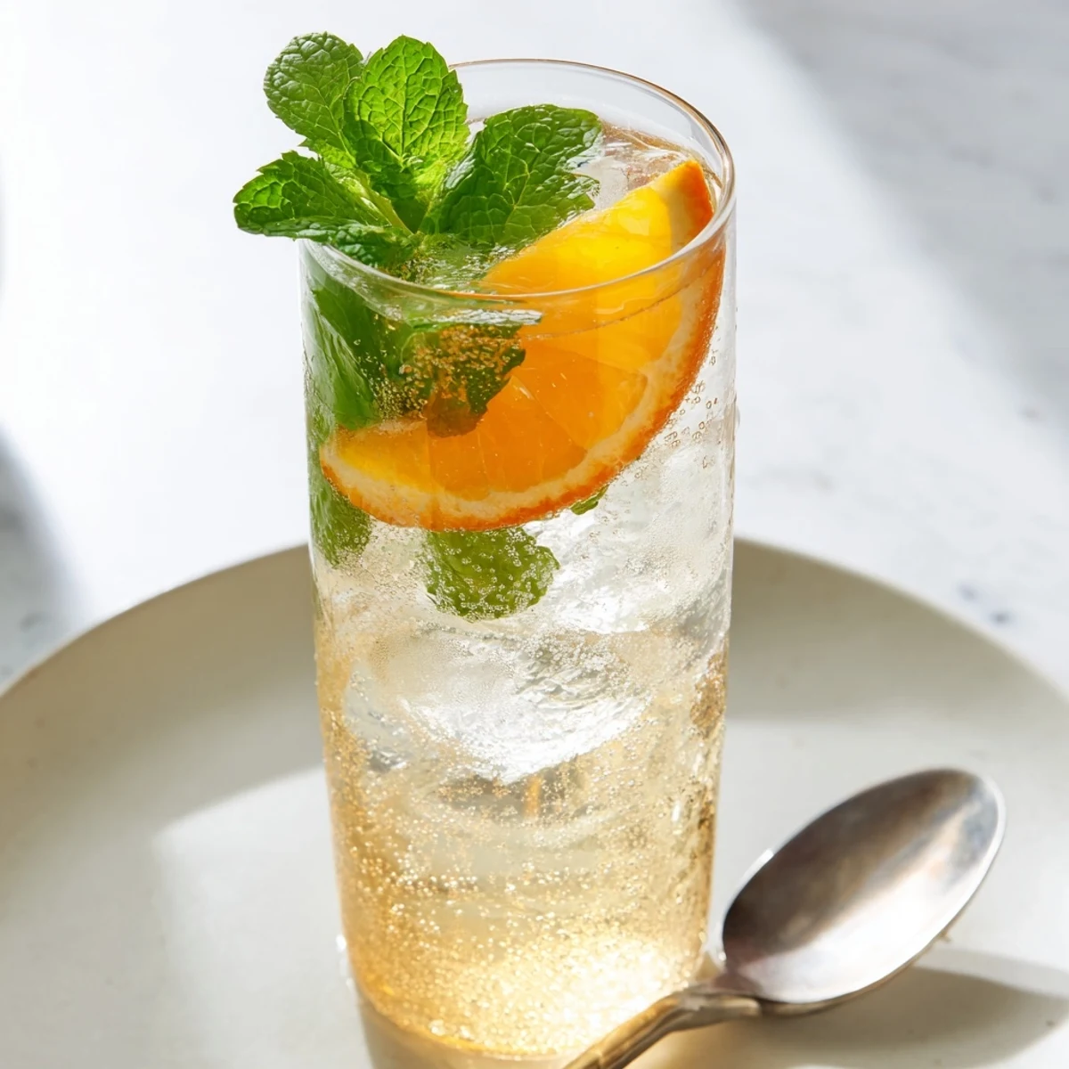 Refreshing probiotic soda mocktail garnished with mint and vibrant orange slices.  