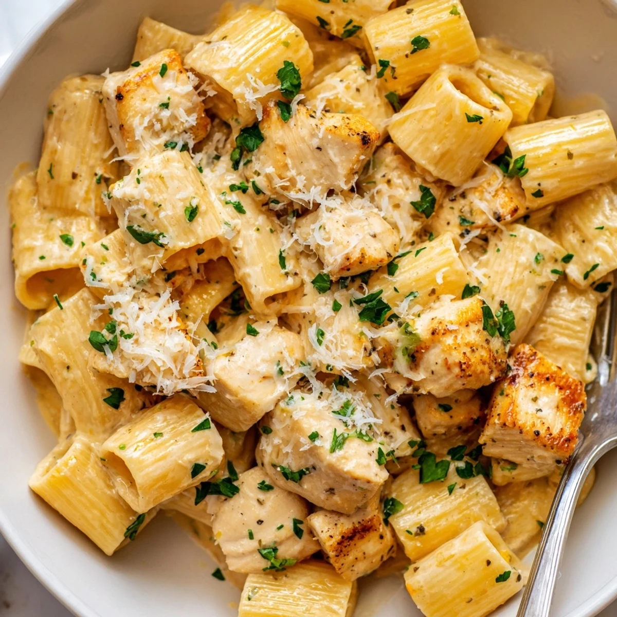 Creamy Garlic Parmesan Chicken Rigatoni topped with fresh parsley and grated cheese.  