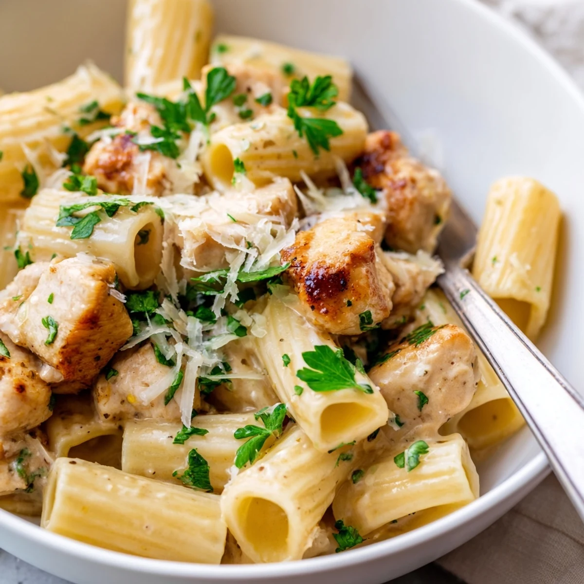 Comfort food at its best: Creamy Garlic Parmesan Chicken Rigatoni with tender chicken pieces.
