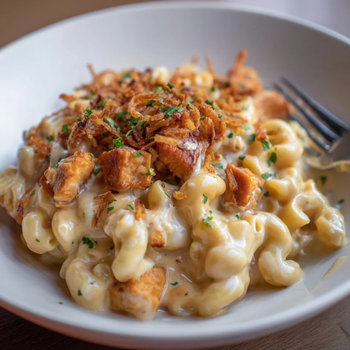 Creamy One-Pot Honey BBQ Chicken Mac and Cheese topped with crispy onions and parsley.  