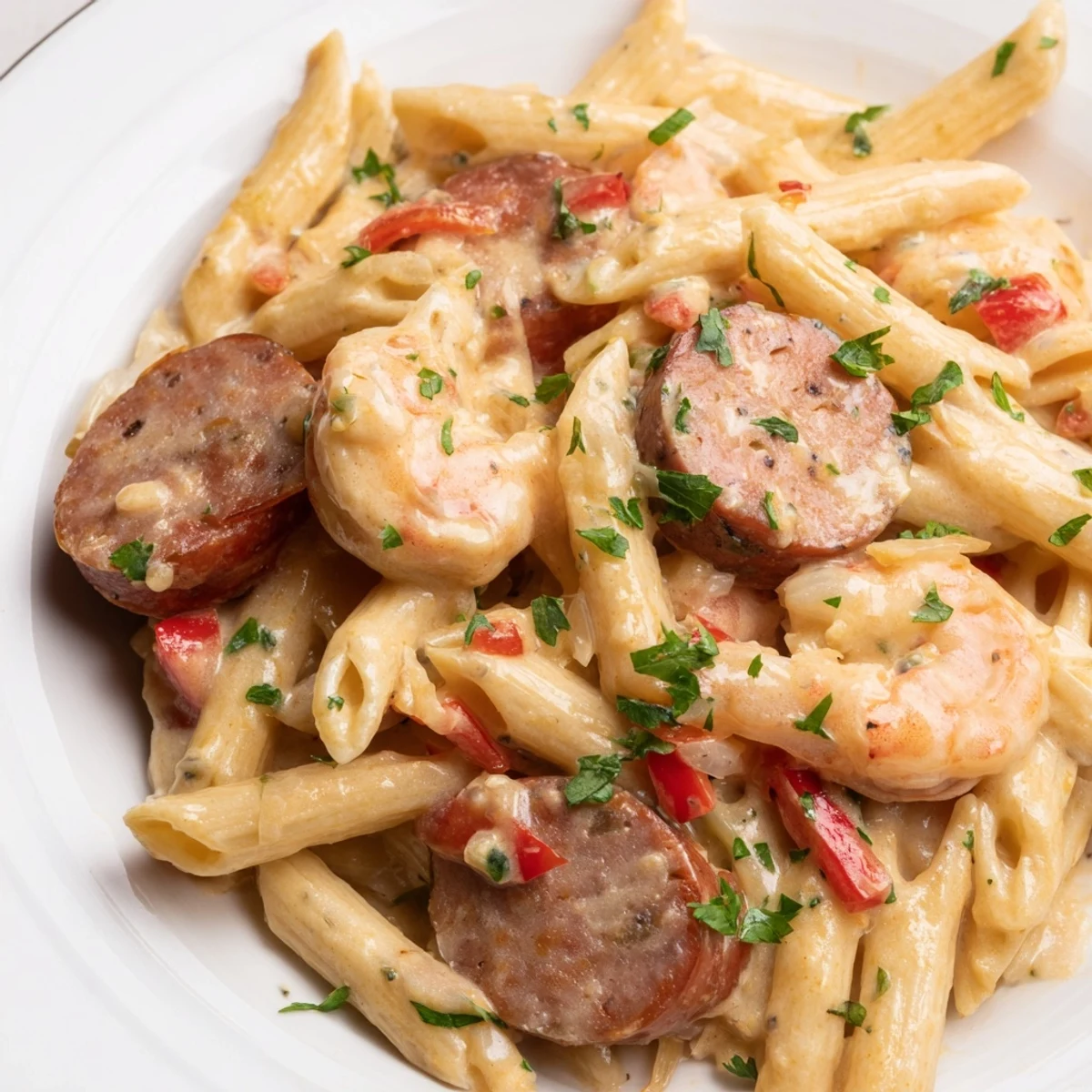 Creamy Cajun Sausage & Shrimp Alfredo Pasta Skillet with vibrant bell peppers and herbs.  