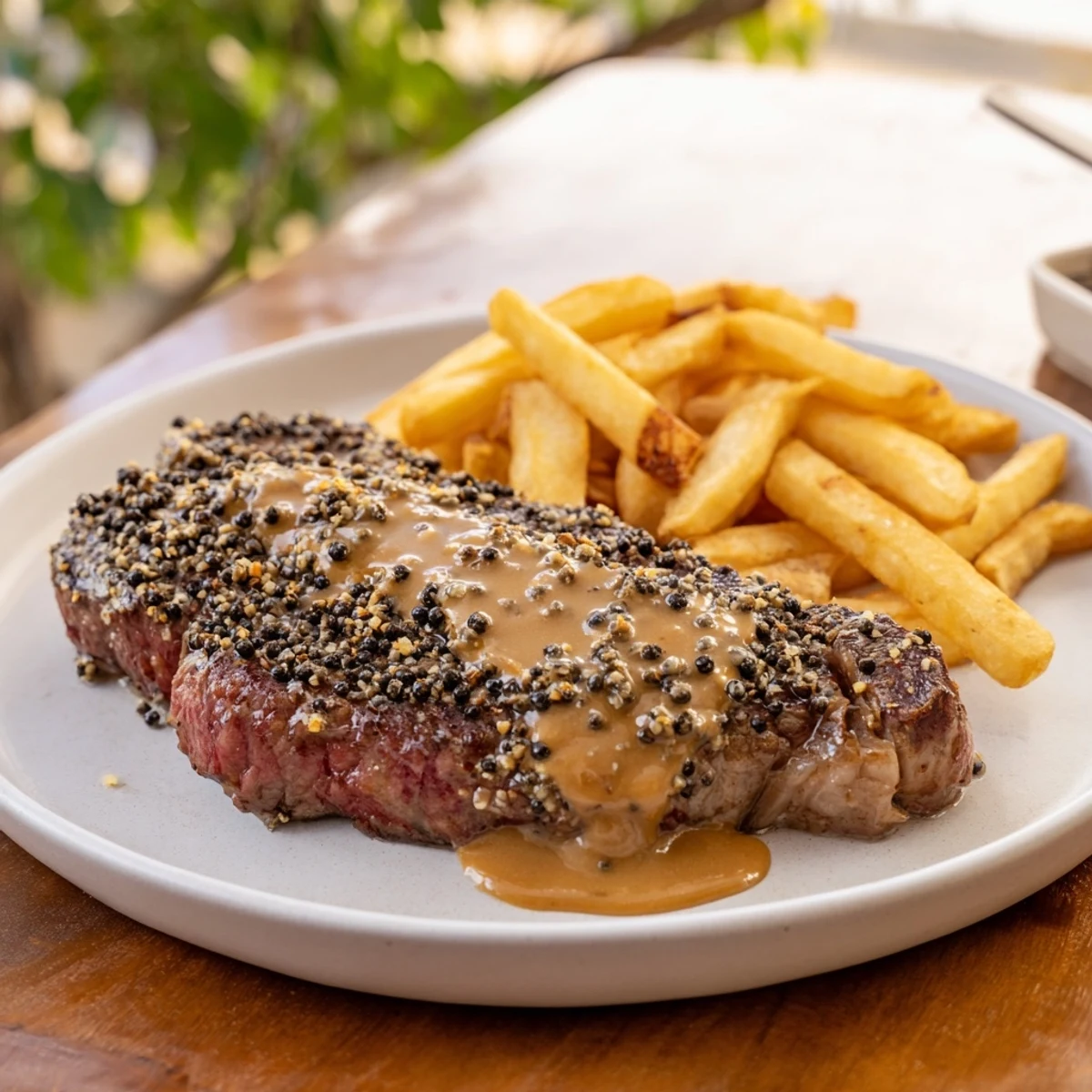 Classic Peppercorn Ribeye topped with rich sauce, beside crispy fries, perfect dinner.  