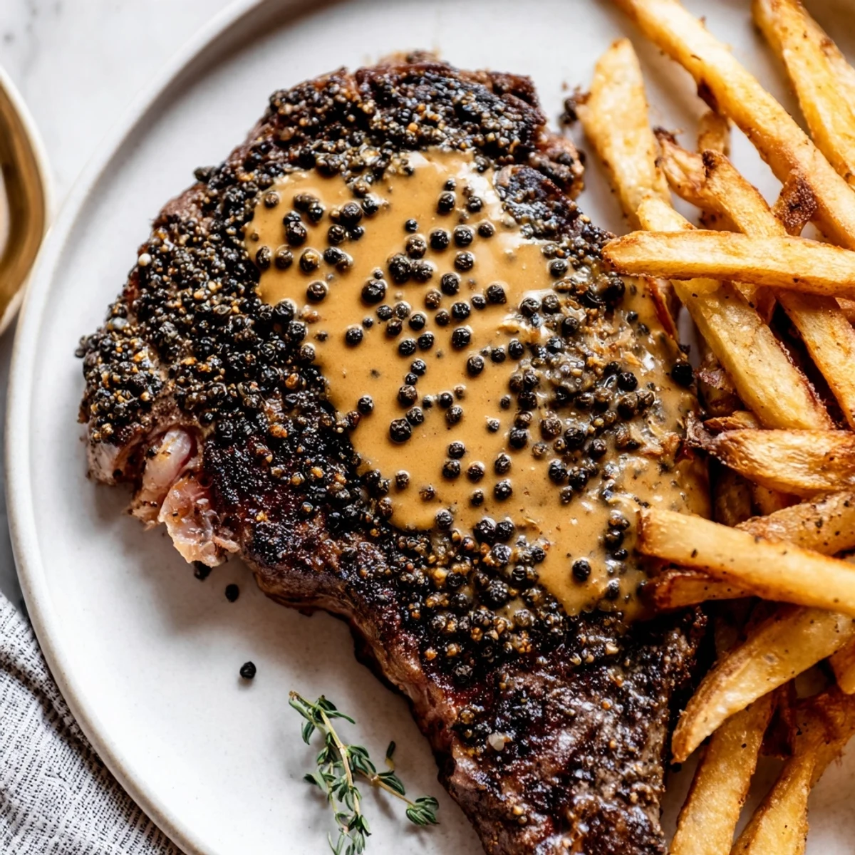 Sizzling Classic Peppercorn Ribeye with aromatic sauce, paired with crunchy fries delightfully.