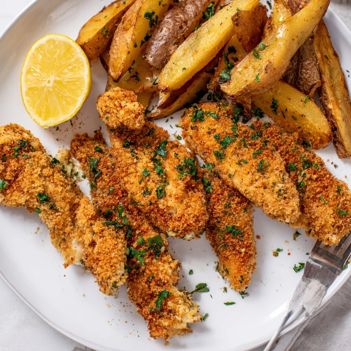 Juicy herbed chicken tenders paired with crispy potato wedges, perfect for family dinners.  