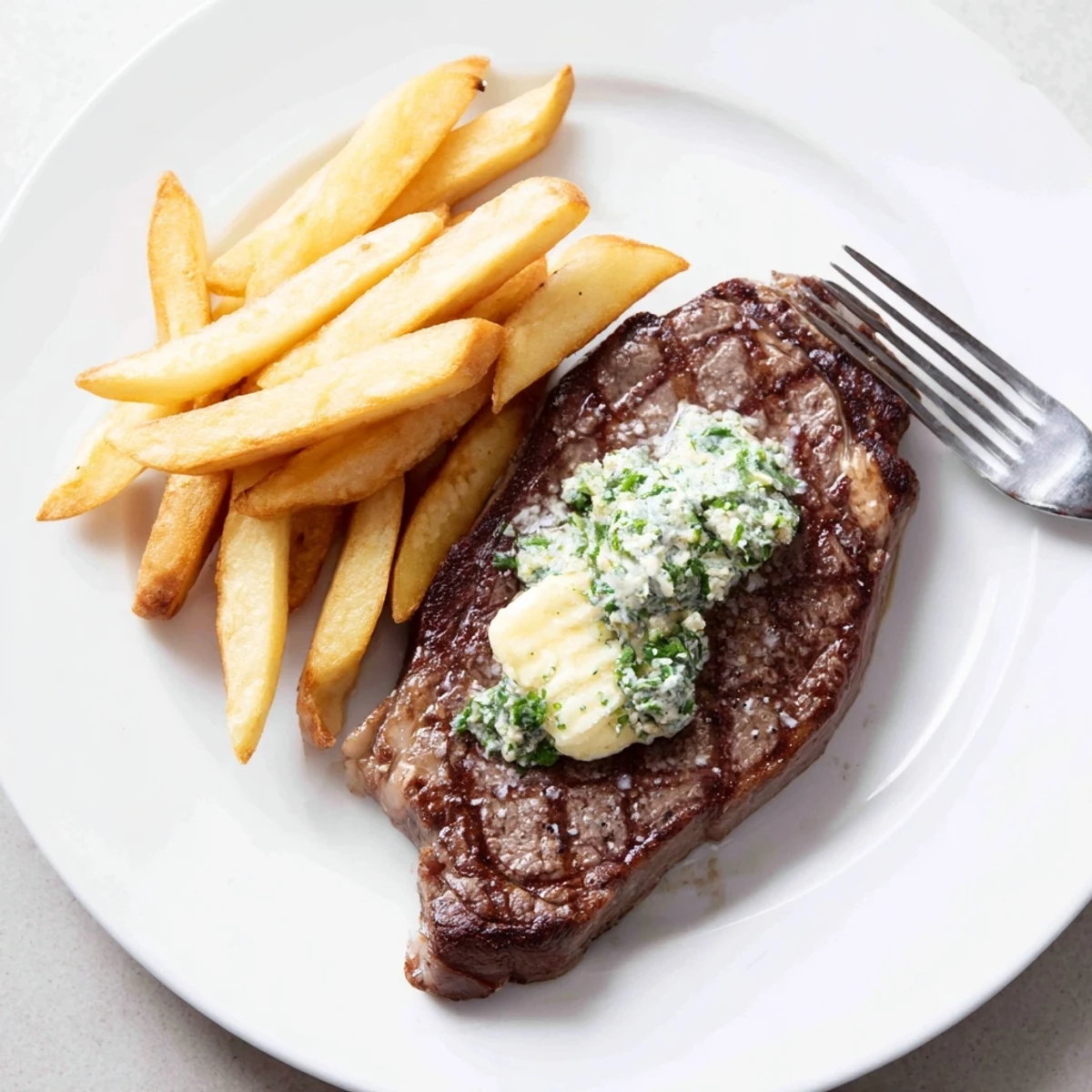 Perfectly cooked Steakhouse Garlic Butter Steak with crispy fries, ready to savor.  