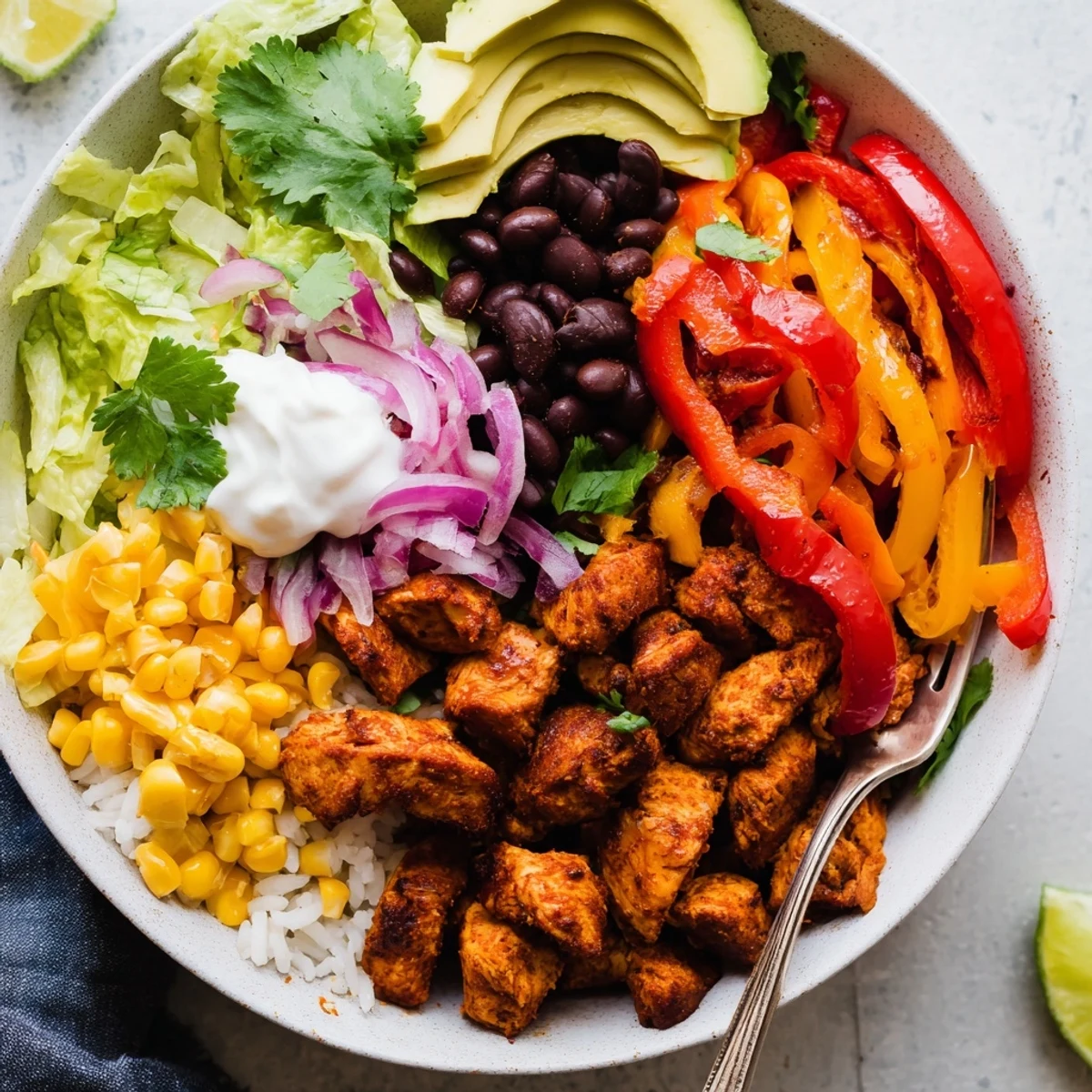 Delicious Sheet Pan Chicken Burrito Bowls featuring spiced chicken, black beans, and avocado slices.  