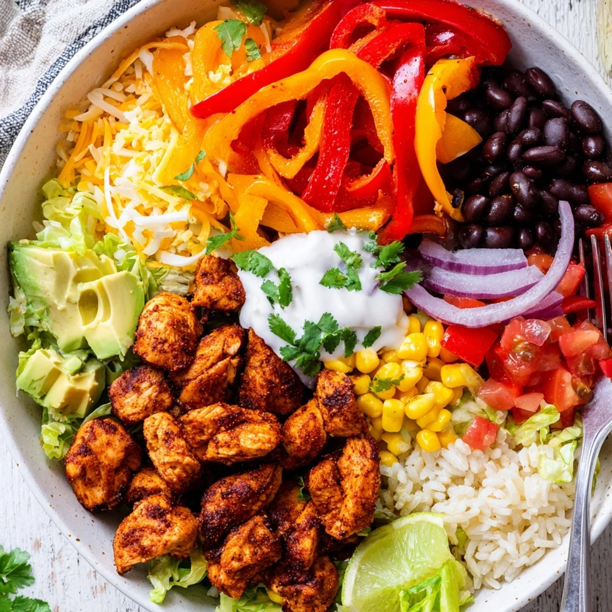 Juicy Sheet Pan Chicken Burrito Bowls piled high with colorful roasted veggies and toppings.  