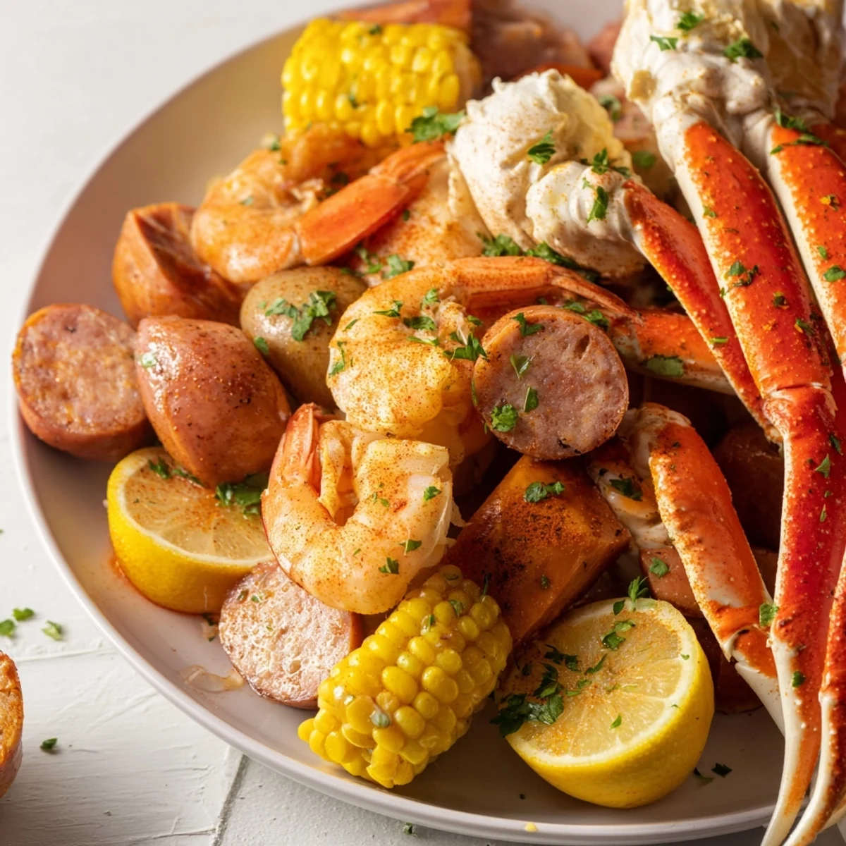 A festive seafood boil featuring spicy sausage, corn, and tender potatoes.  