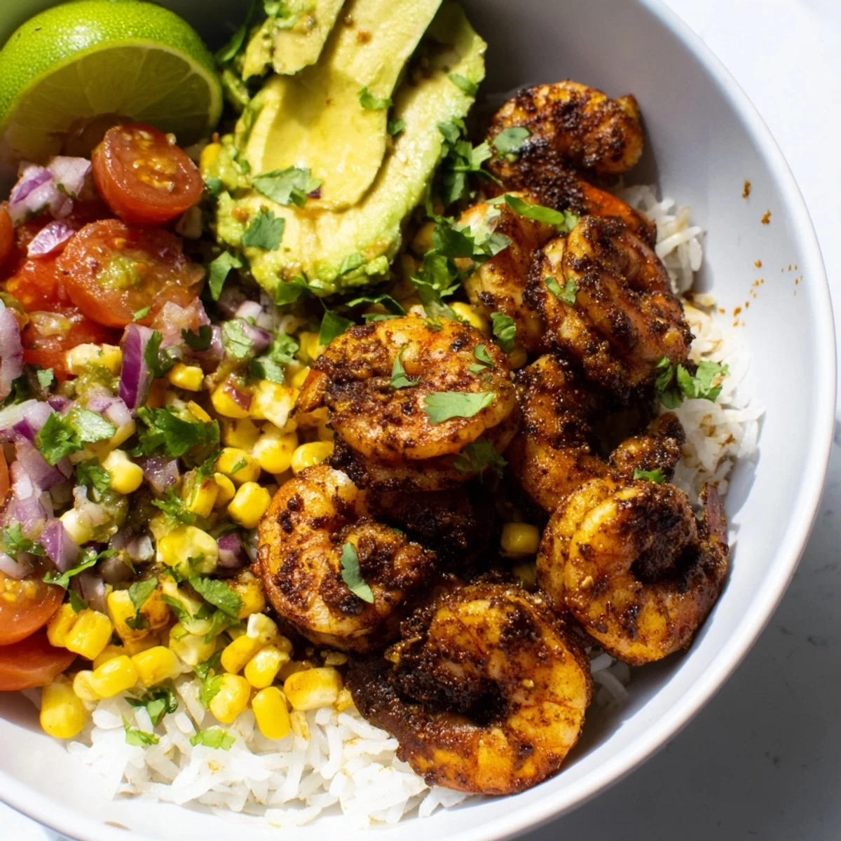 Flavorful blackened shrimp bowl surrounded by fresh corn, avocado, and fluffy rice.  