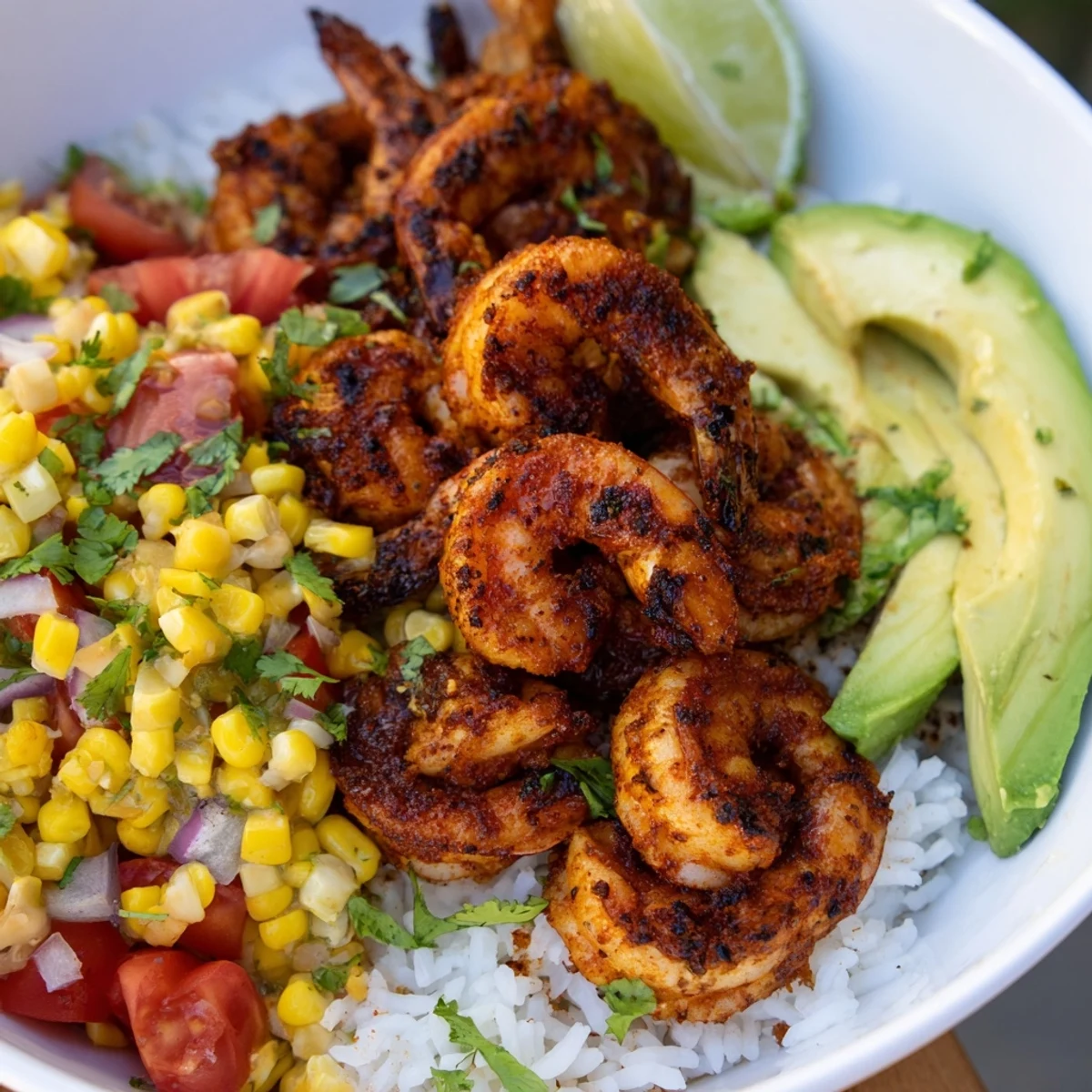 Spicy blackened shrimp bowl topped with creamy avocado corn salsa and lime wedges.  