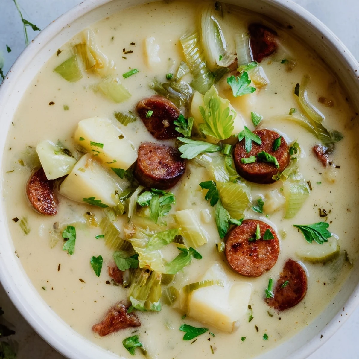 Potato, Leek & Chorizo Soup bowl: a steaming bowl with a swirl of cream, ready to eat.