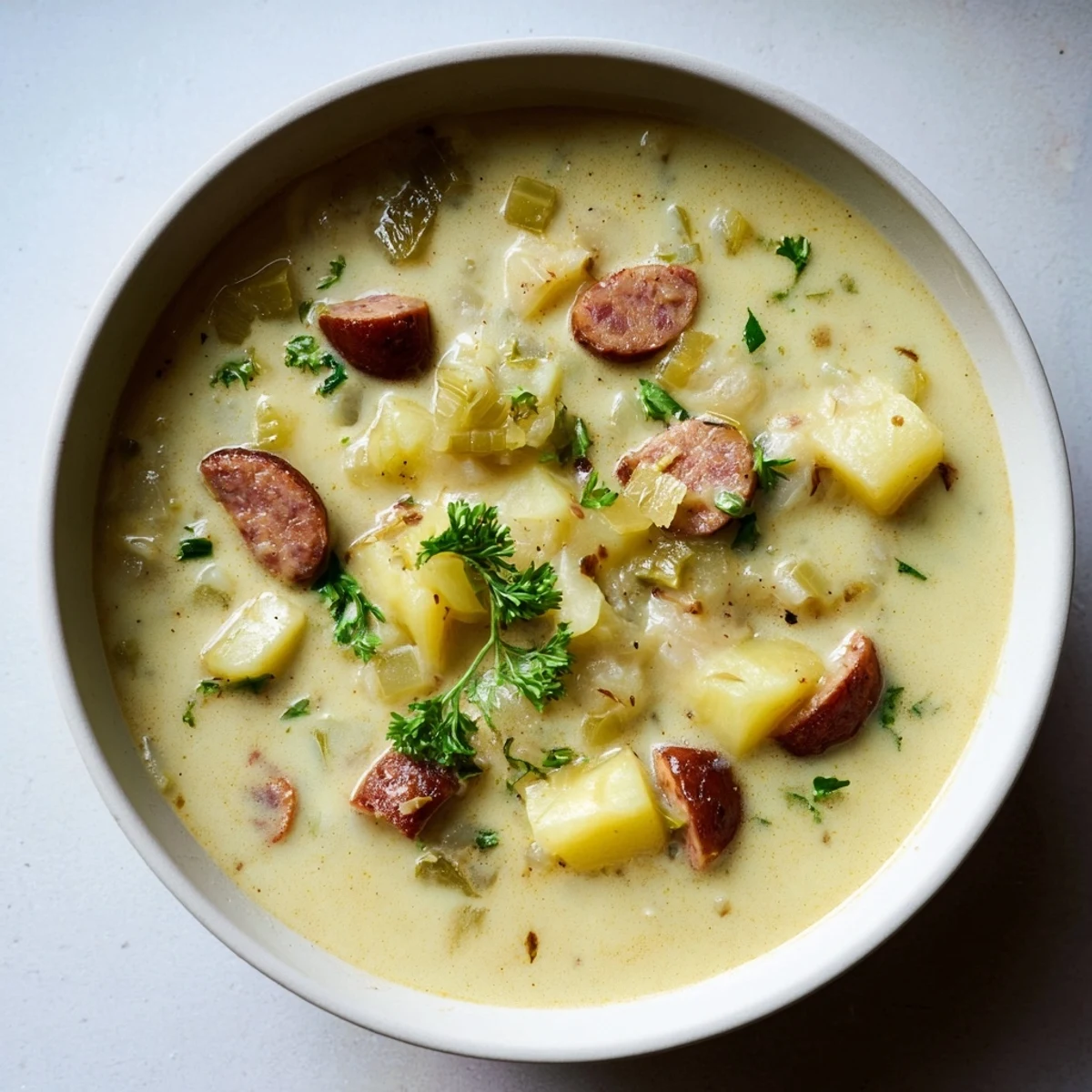 A close-up of a rich, rustic Potato, Leek & Chorizo Soup bowl, perfect for a cozy dinner.