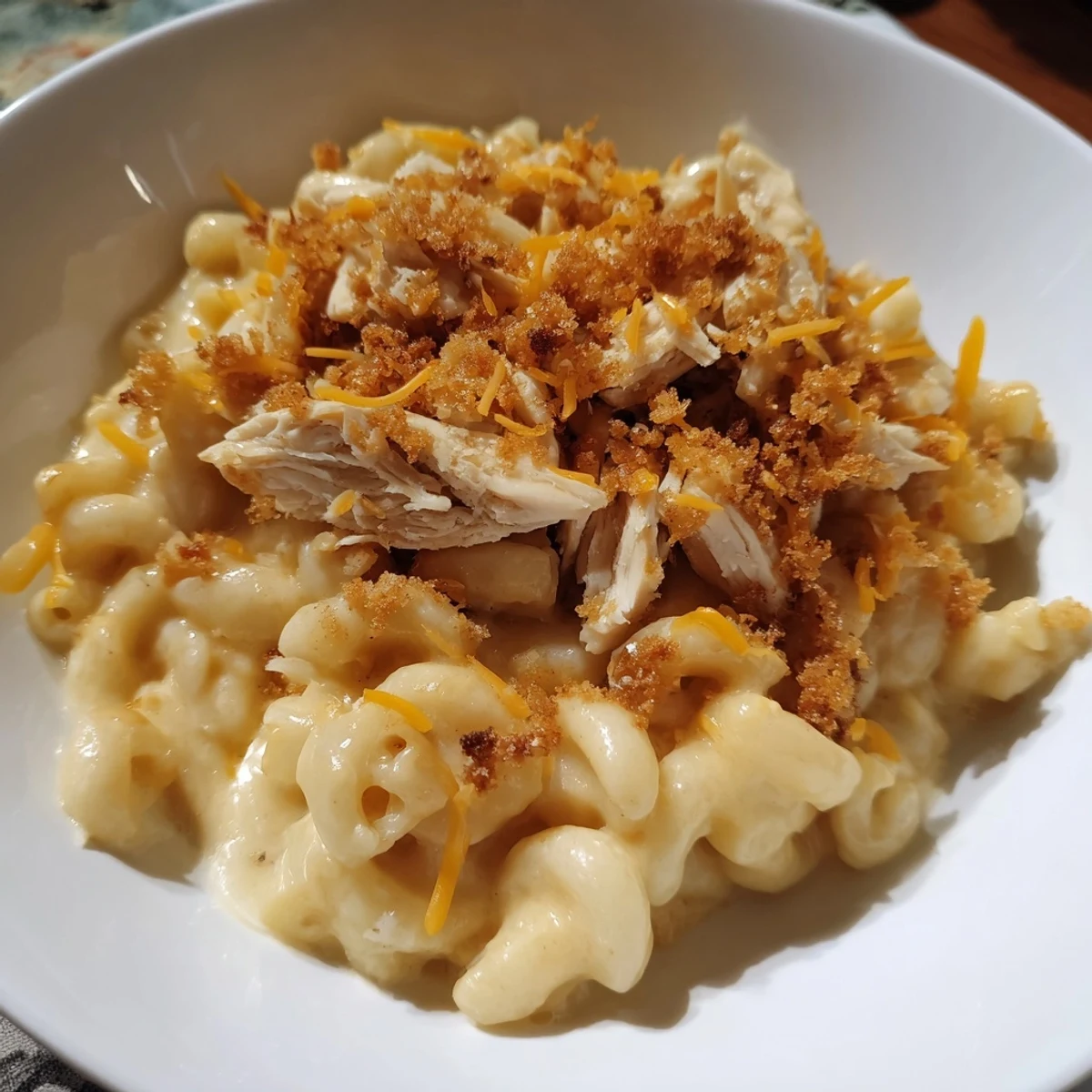 Enjoy a hearty serving of Classic Mac & Cheese with BBQ Chicken, a delightful BBQ chicken and cheese casserole.