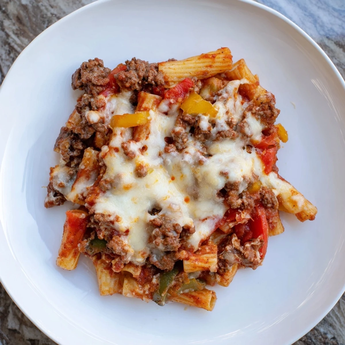 Baked Rigatoni with Sausage & Peppers, bubbling hot, cheese pull, perfect for a cozy weeknight meal.