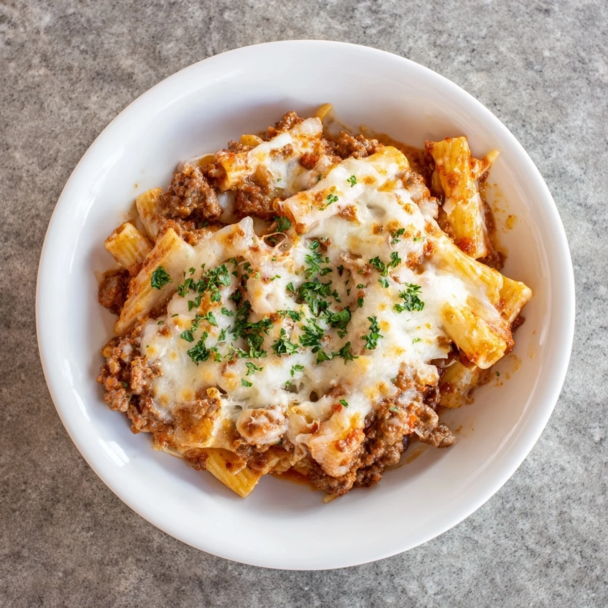Baked Ziti with Meat Sauce: a bubbly casserole with melted cheese and rich, savory meat sauce.