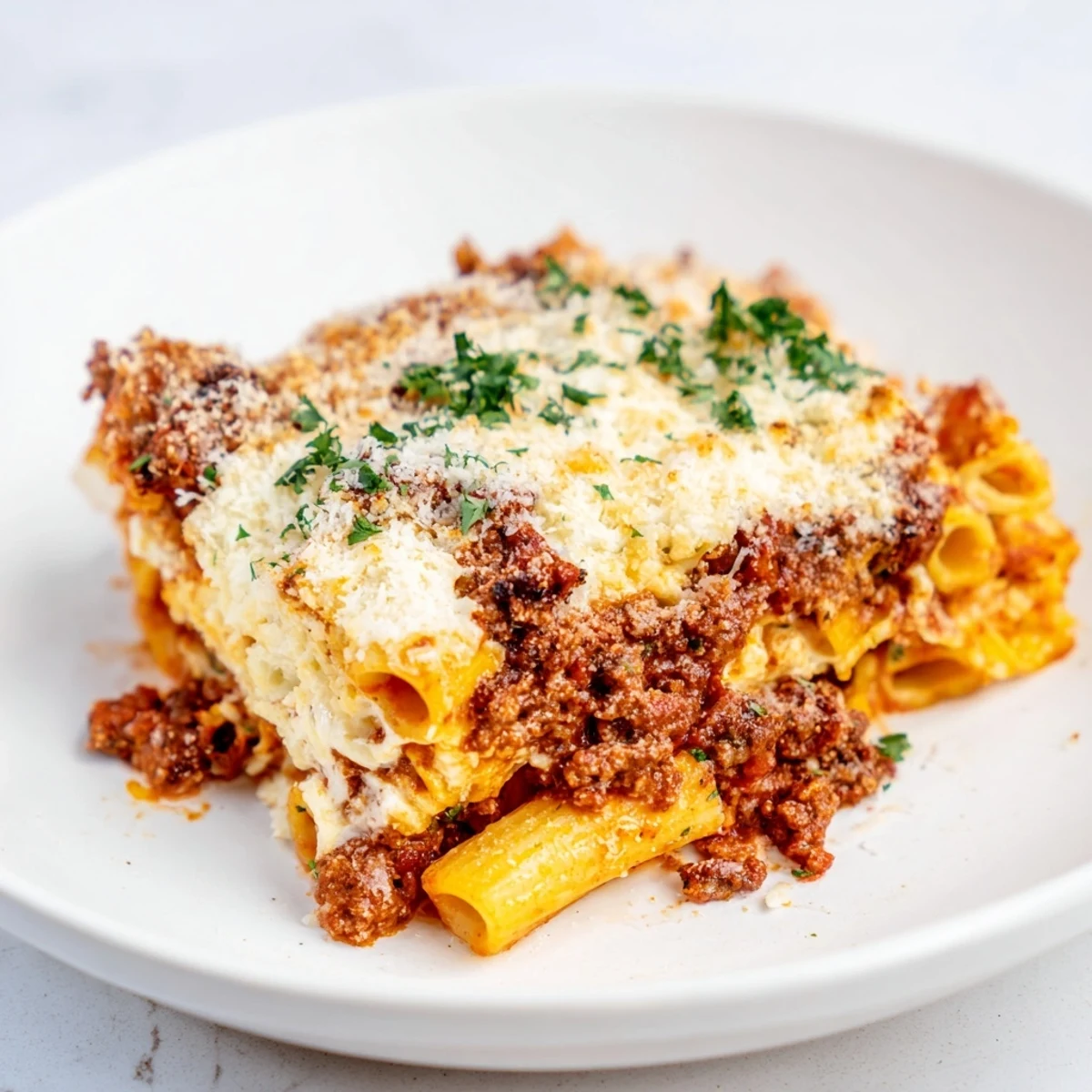 A close-up shot of homemade baked ziti with layers of cheese, meat sauce, and pasta.