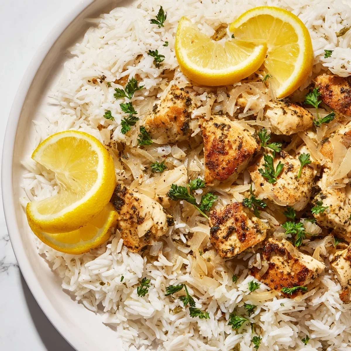 Juicy Lemon Pepper Chicken breasts with a vibrant zest, served next to fluffy white rice.