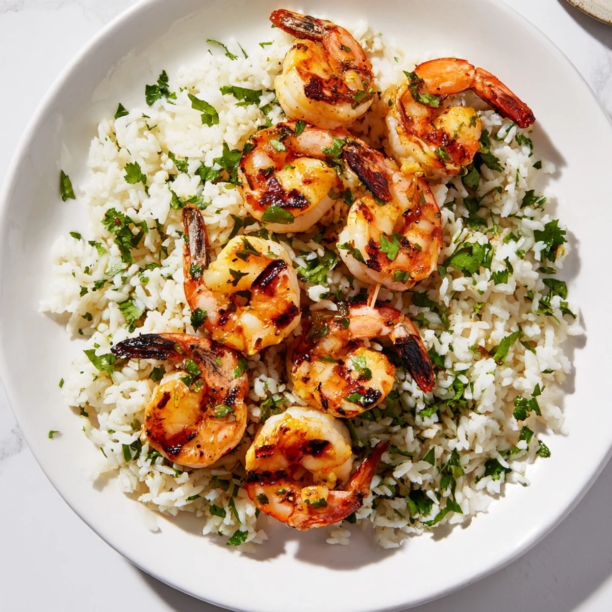 Vibrant chipotle lime grilled shrimp nestled atop fluffy rice, garnished with fresh cilantro and lime wedges.