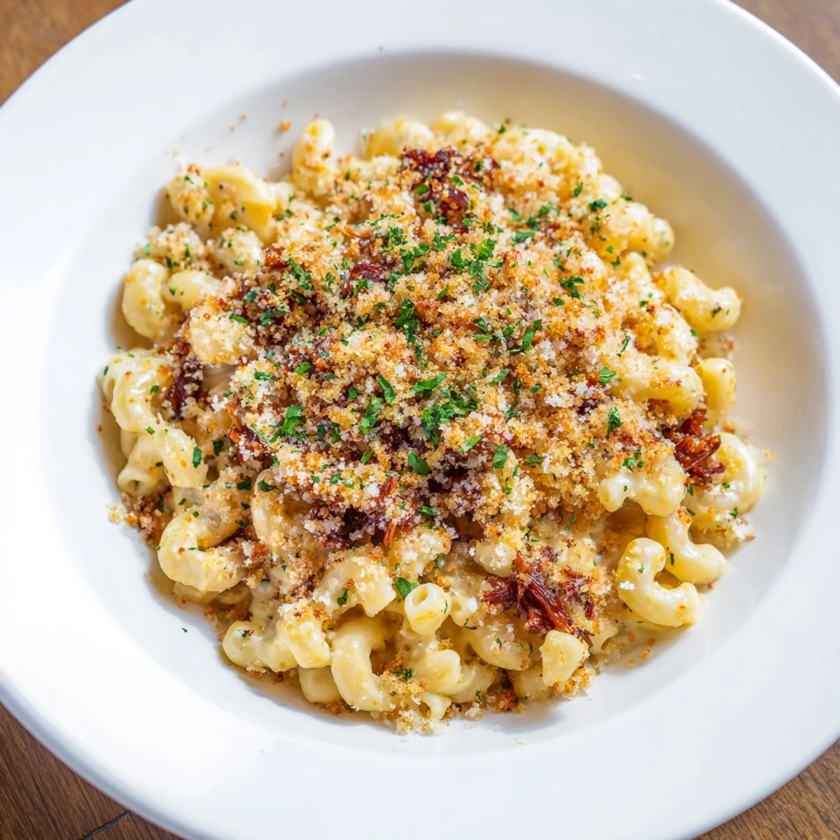 A close-up of a baking dish overflowing with flavorful Barbecue Pulled Pork Mac and Cheese.