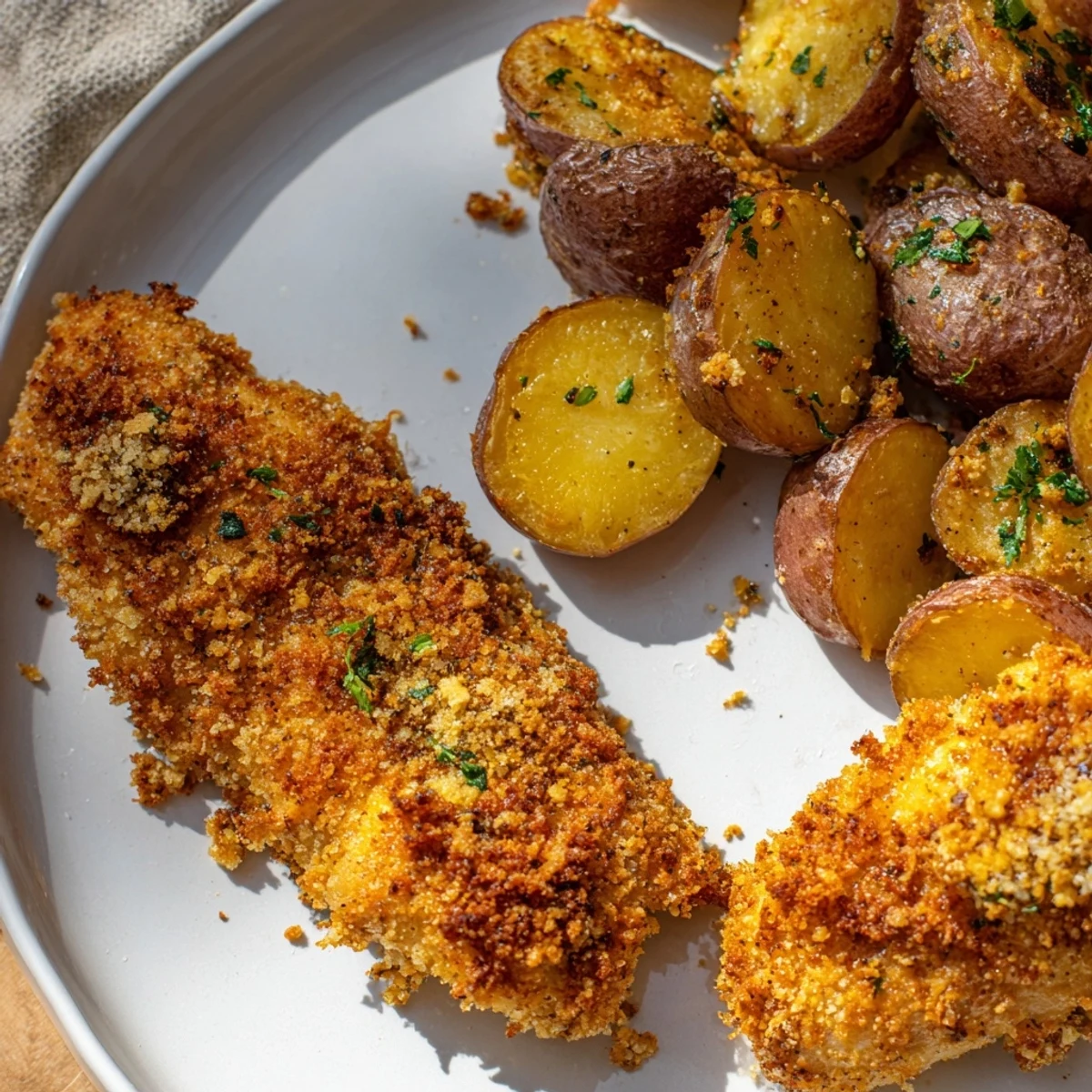Golden-brown Crispy Parmesan Crusted Chicken & Potatoes, with herbs and crispy edges, ready to eat.