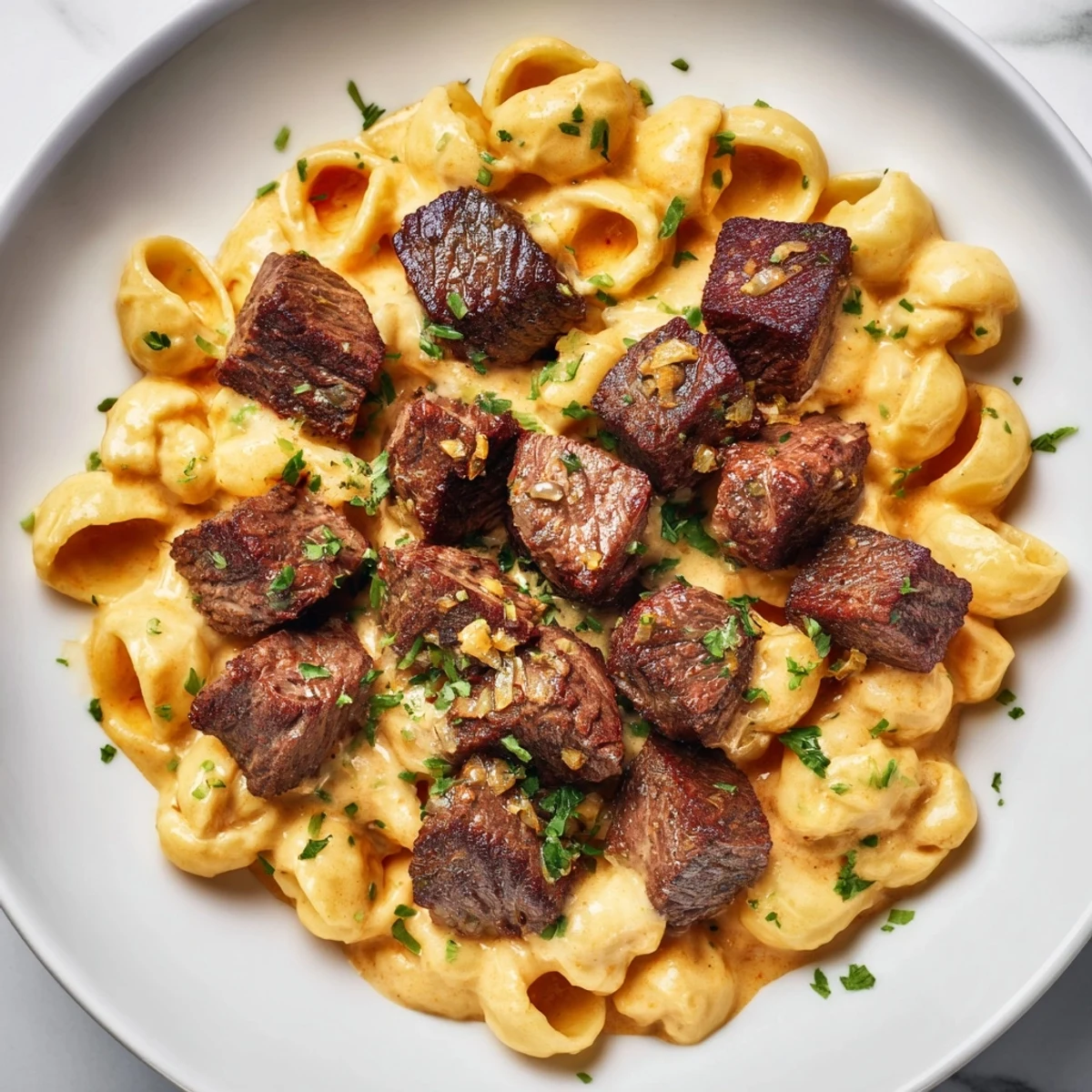 Sizzling garlic butter coats succulent steak bites, served alongside cheesy pasta shells, a comforting dinner.