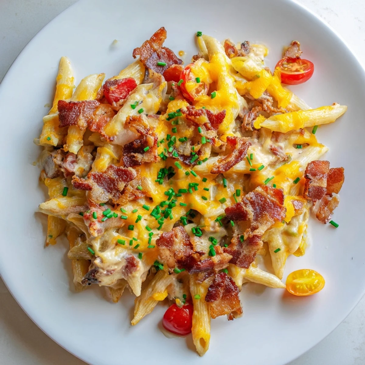 A bubbly Bacon Cheeseburger Pasta Bake with melted cheese and crispy bacon topping the pasta.