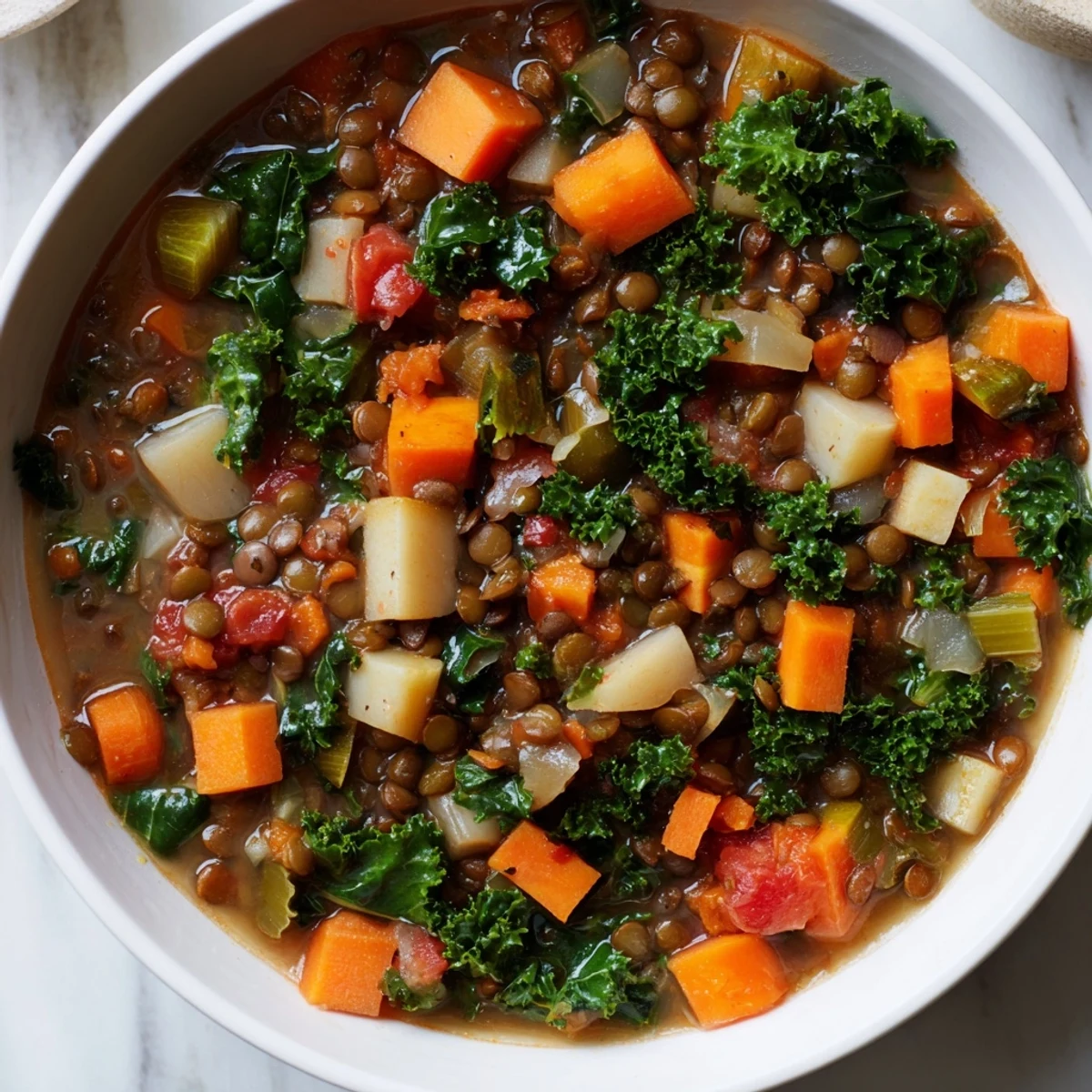 A steaming bowl of Winter Vegetable & Lentil Soup with colorful veggies and herbs, ready to enjoy.