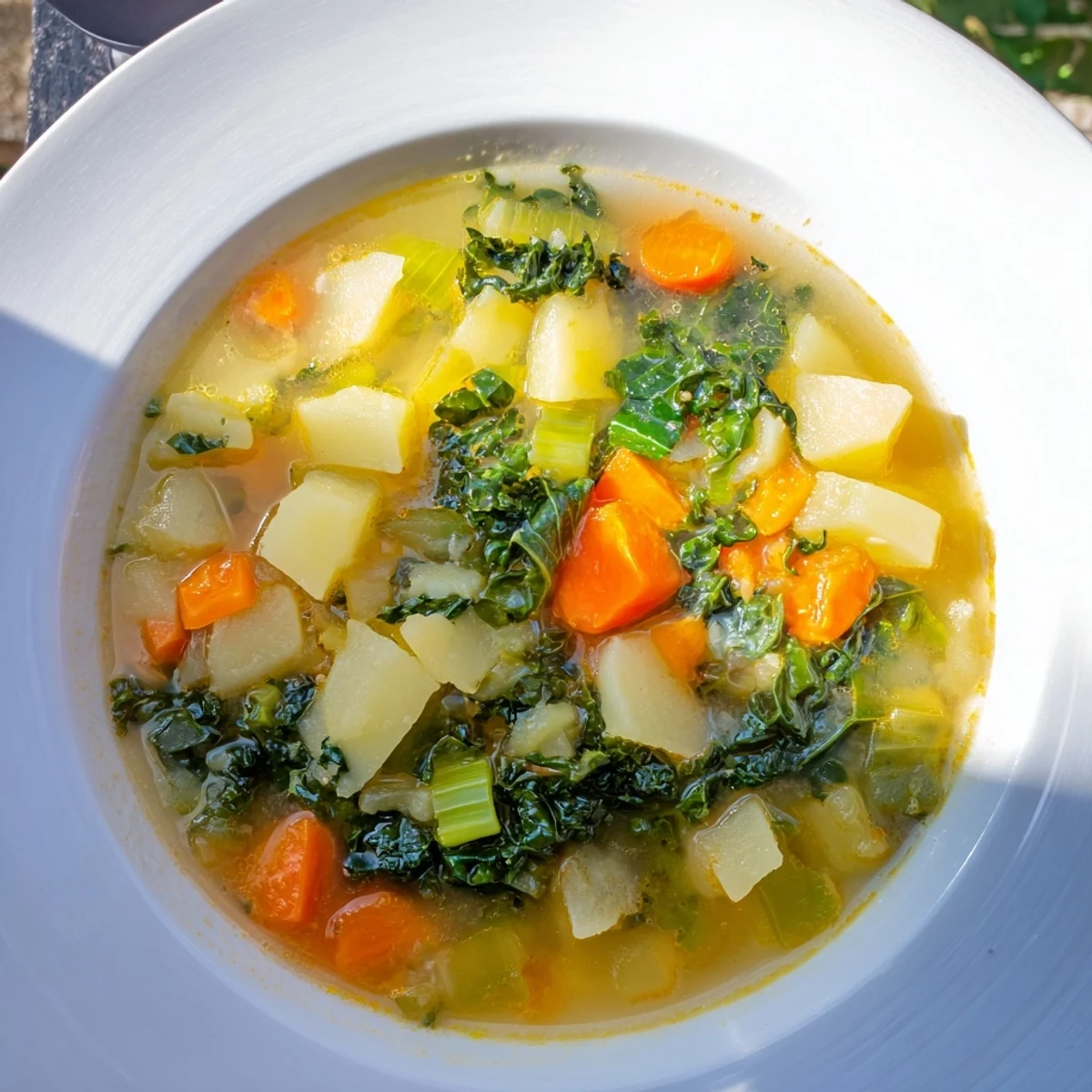 Steaming bowl of Vegetarian Potato-Kale Soup, garnished, ready to warm you on a cold evening.