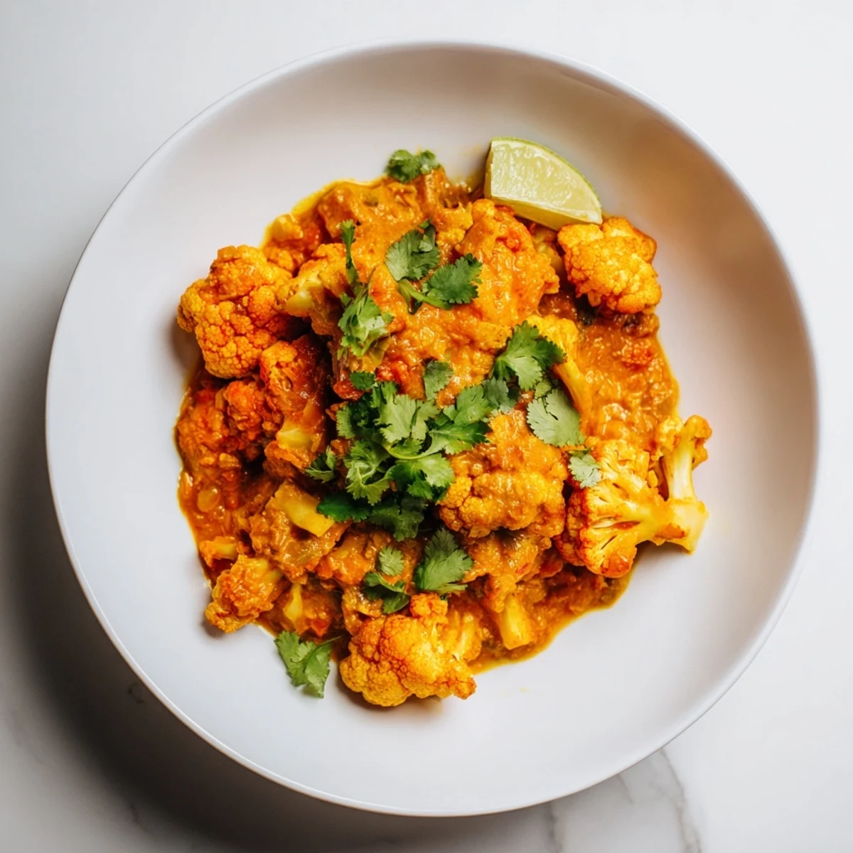 A close-up of the flavorful Red Cabbage, Cauliflower & Coconut Dhal, with visible textures and aromatic steam rising.
