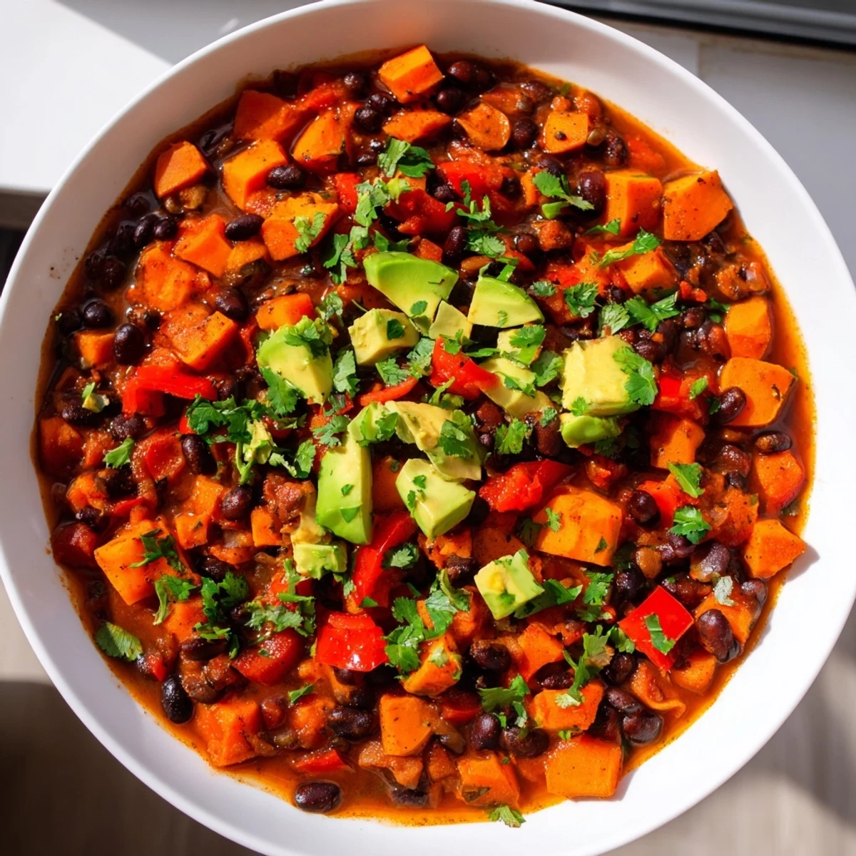 Steamy bowl of Sweet Potato & Black Bean Chili, garnished with fresh cilantro and a lime wedge.
