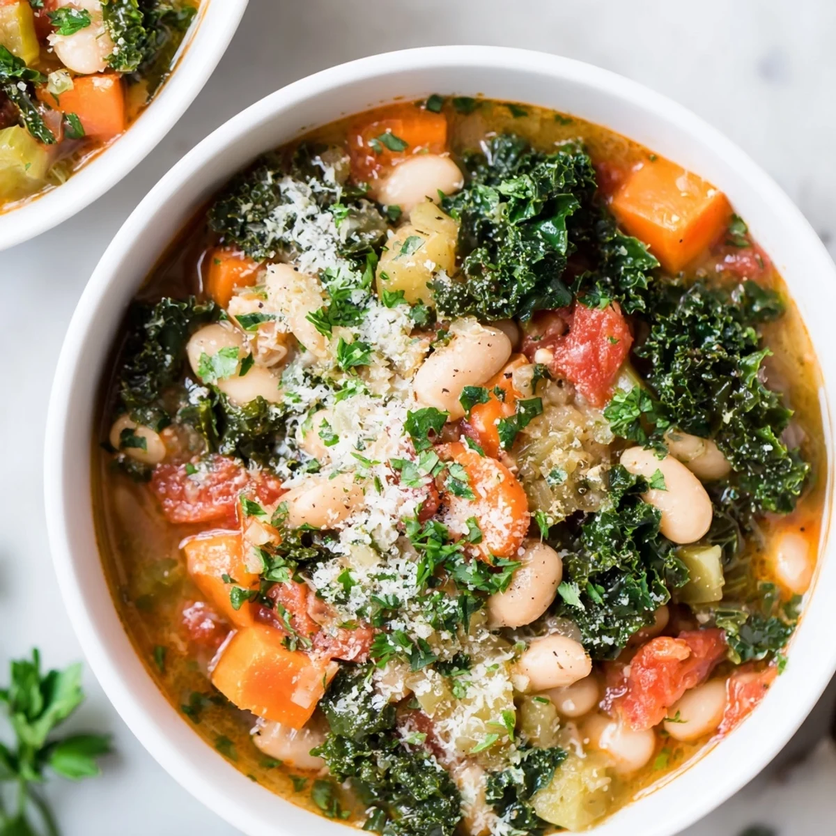 Steaming Italian Bean & Kale Stew, a vibrant, flavorful Italian vegetarian stew, is served hot in a bowl.