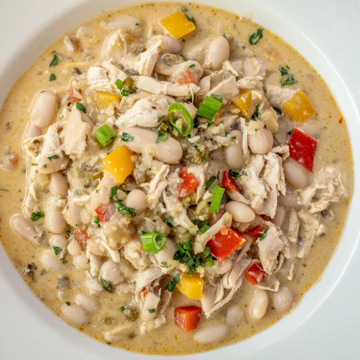 Creamy White Chicken Chili with Beans, a warm bowl of creamy white chili with visible cilantro garnish.