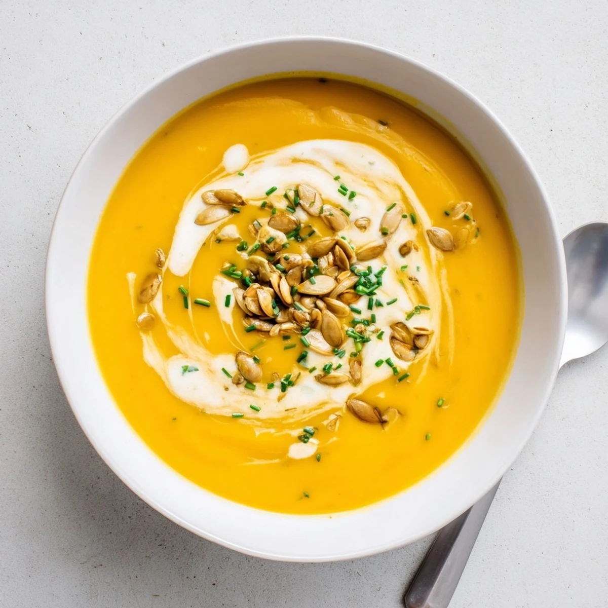 Creamy butternut squash and pear soup, vibrant orange, garnished with fresh herbs and seeds.