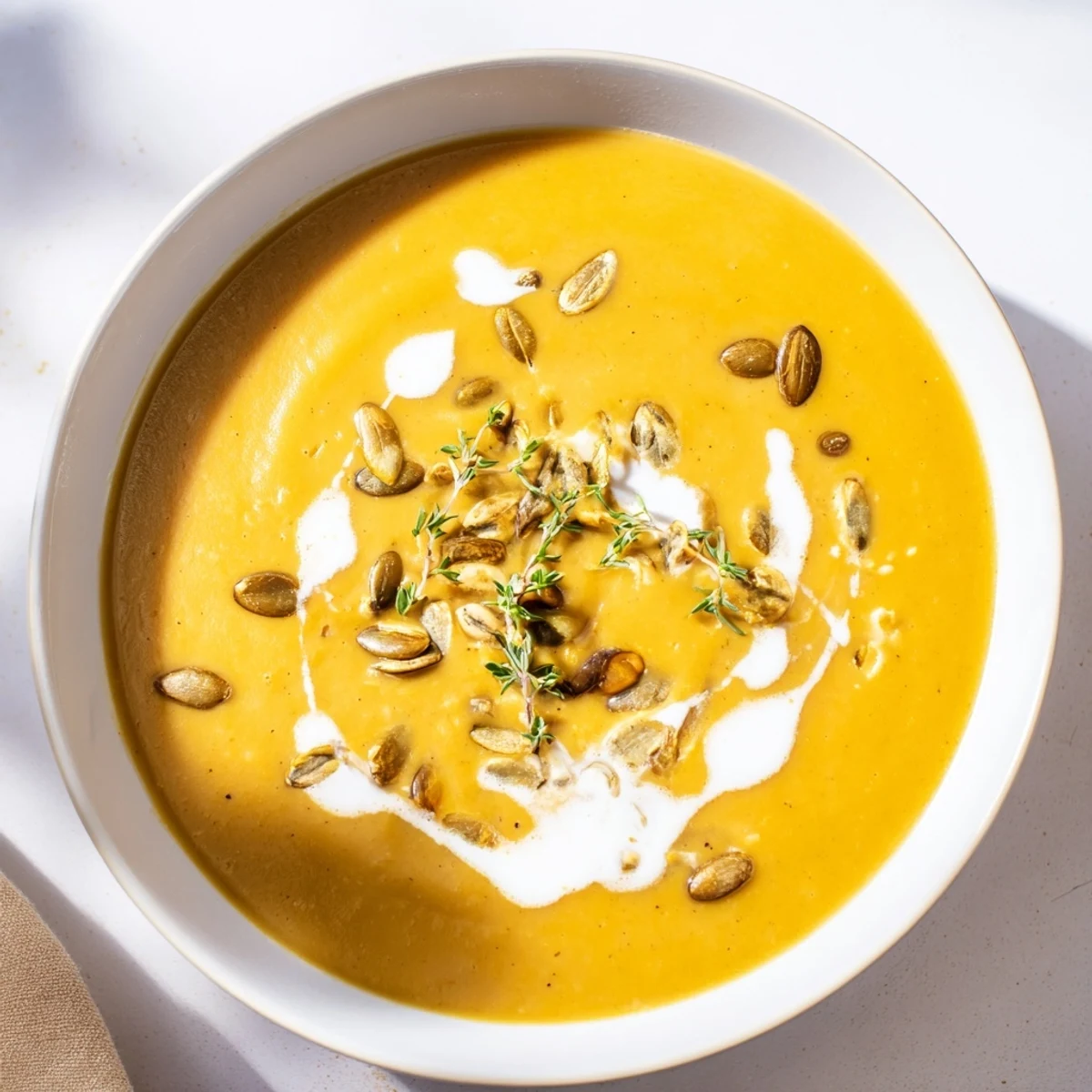 Creamy roasted acorn squash soup, a rich and velvety orange bowl, perfect for a cozy dinner.