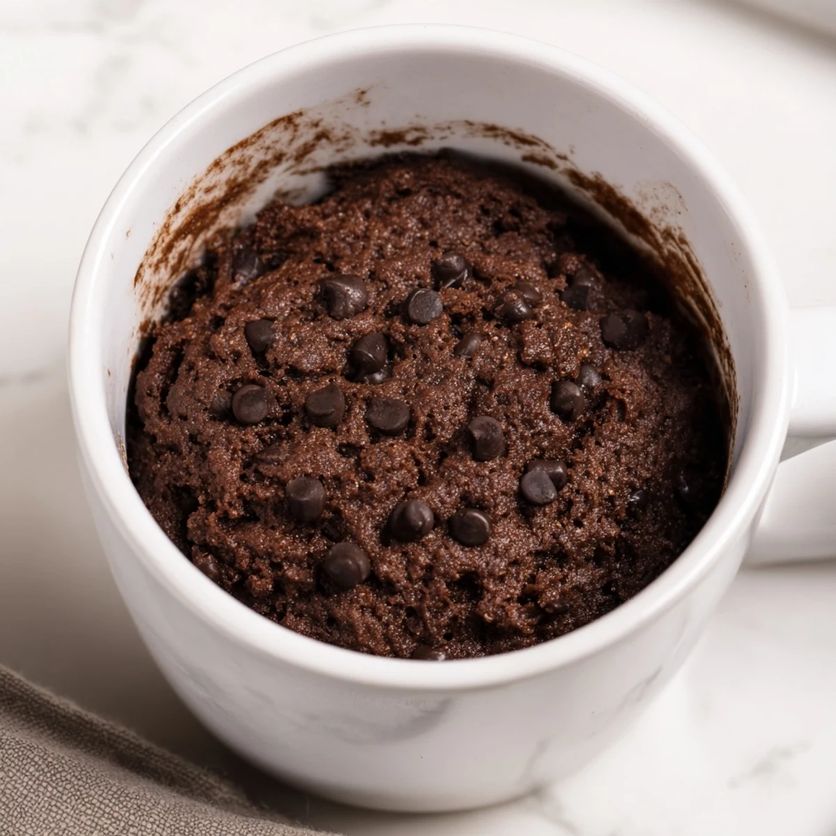 Warm chocolate microwaved mug cake, studded with chocolate chips, ideal for a sweet, quick treat.