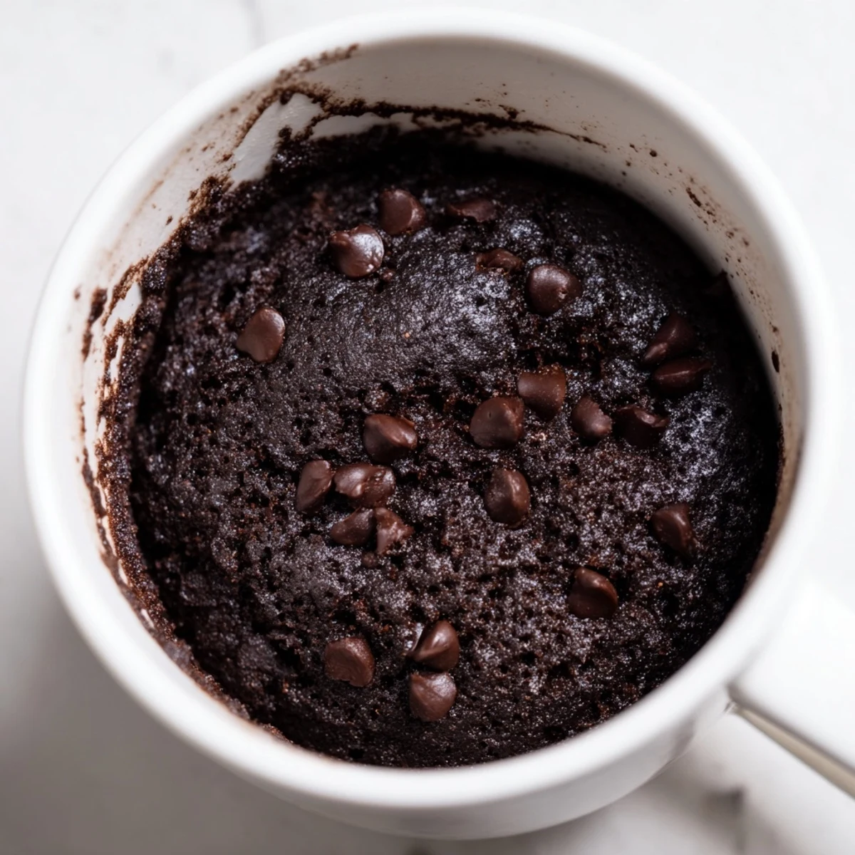 Rich and decadent microwaved mug cake, a single-serving dessert served hot from the mug.
