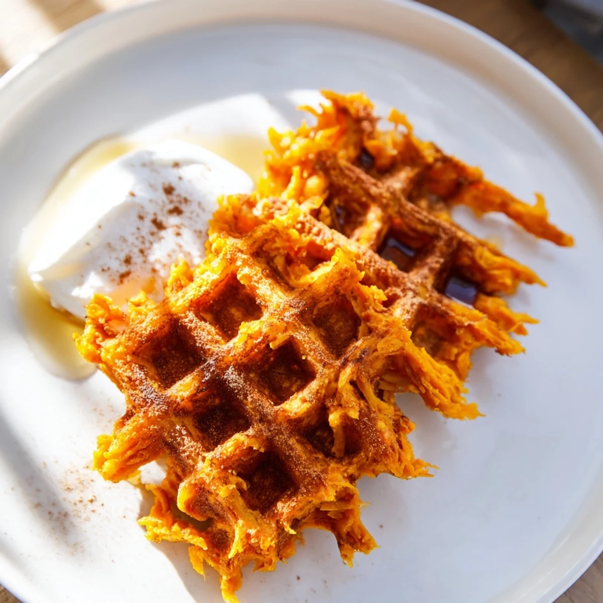 Fluffy, golden-brown sweet potato waffle, ready to be topped with fresh berries and maple syrup.