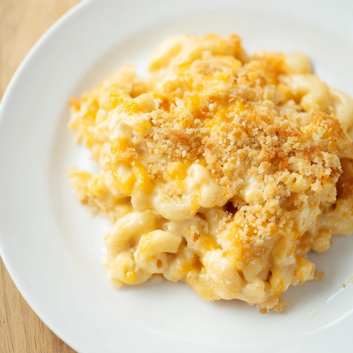 Golden, bubbly baked Mac & Cheese with Evaporated Milk, ready for a comforting, cheesy bite.