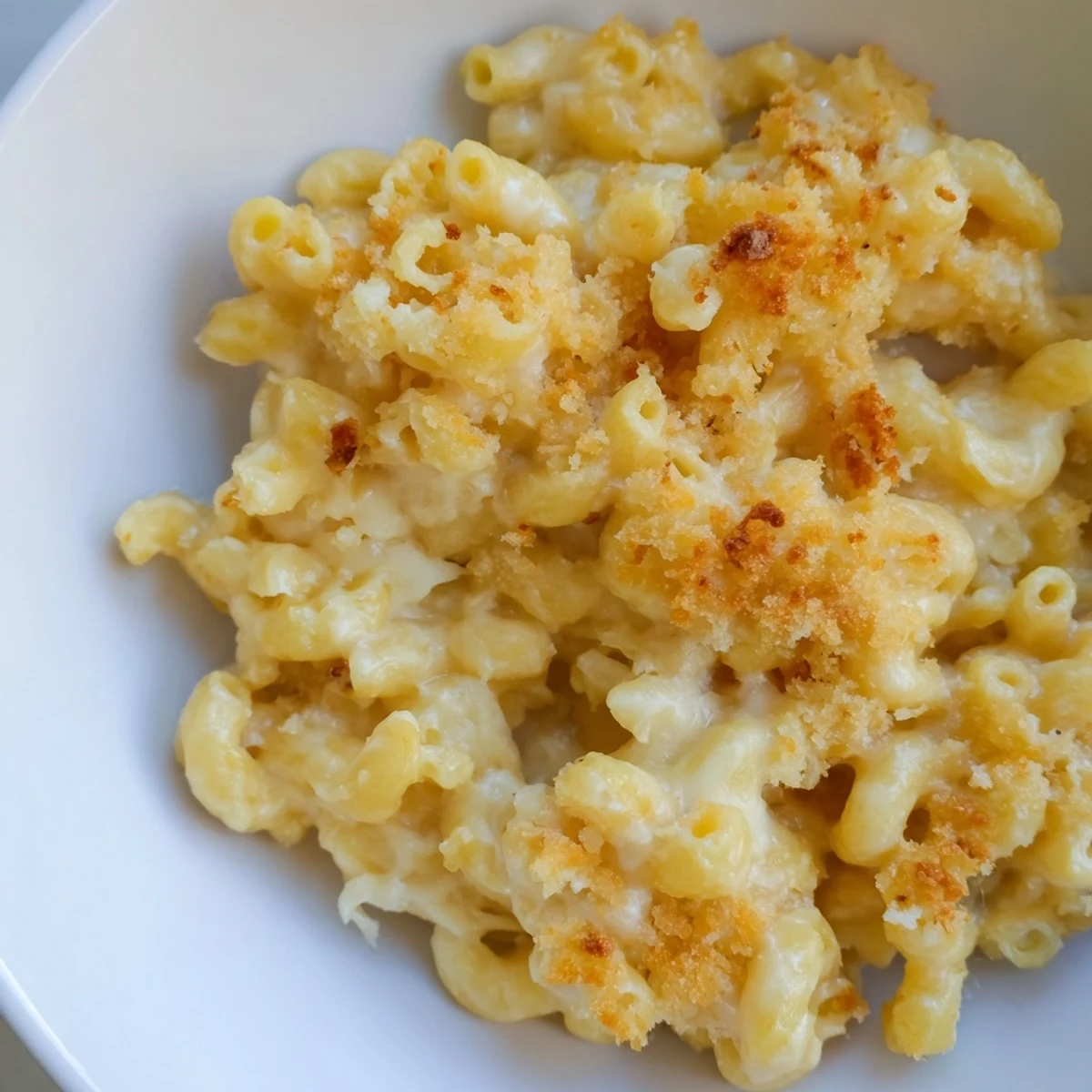 A close-up of cheesy, homemade Mac & Cheese with Evaporated Milk, a classic American comfort dish.