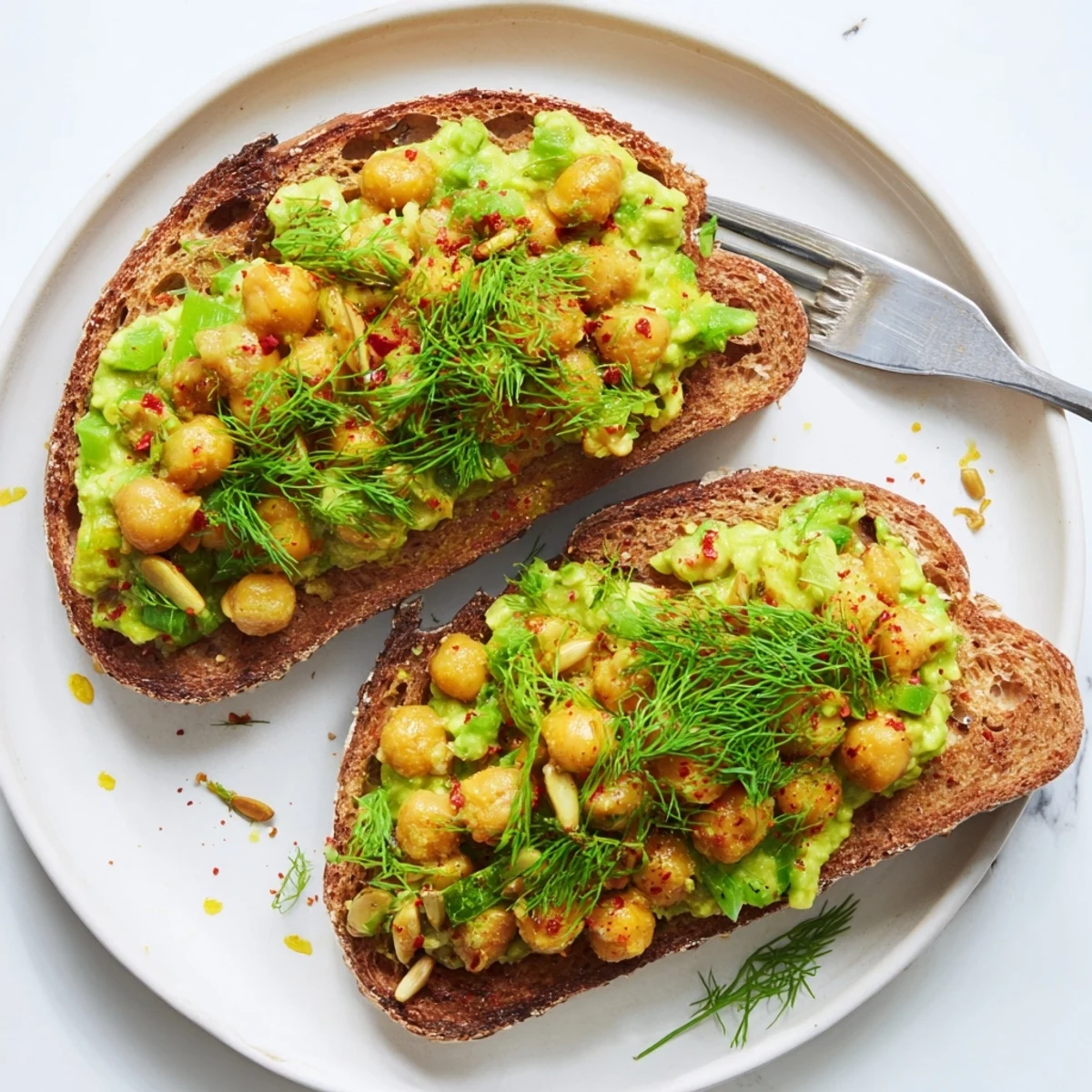 Golden-brown avocado toast with chickpeas and herbs, a healthy and delicious light meal.