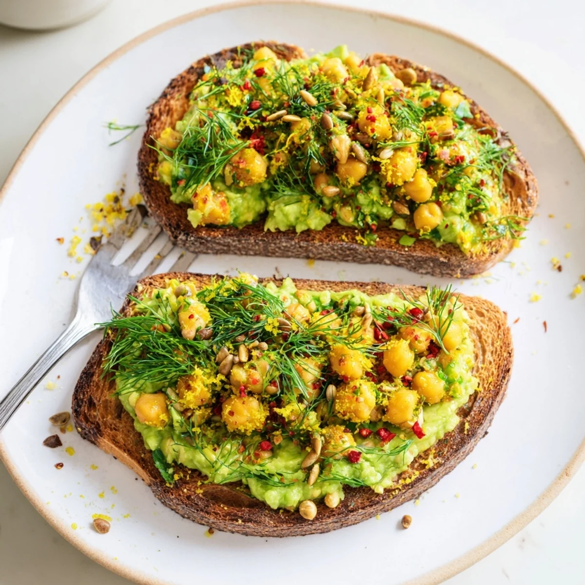 Vibrant avocado toast topped with zesty chickpea mixture, garnished with fresh herbs, ready to serve.