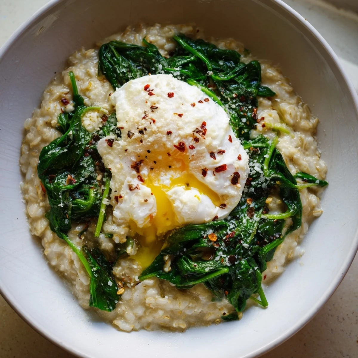 Savoury Oatmeal with Spinach & Poached Egg: a warm bowl with a runny egg and vibrant green spinach.