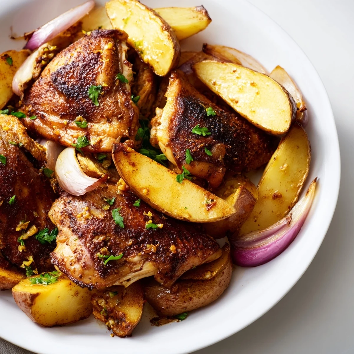 Golden roasted Greek Lemon Chicken and Potatoes, perfectly crisp with aromatic herbs and a zesty lemon glaze.