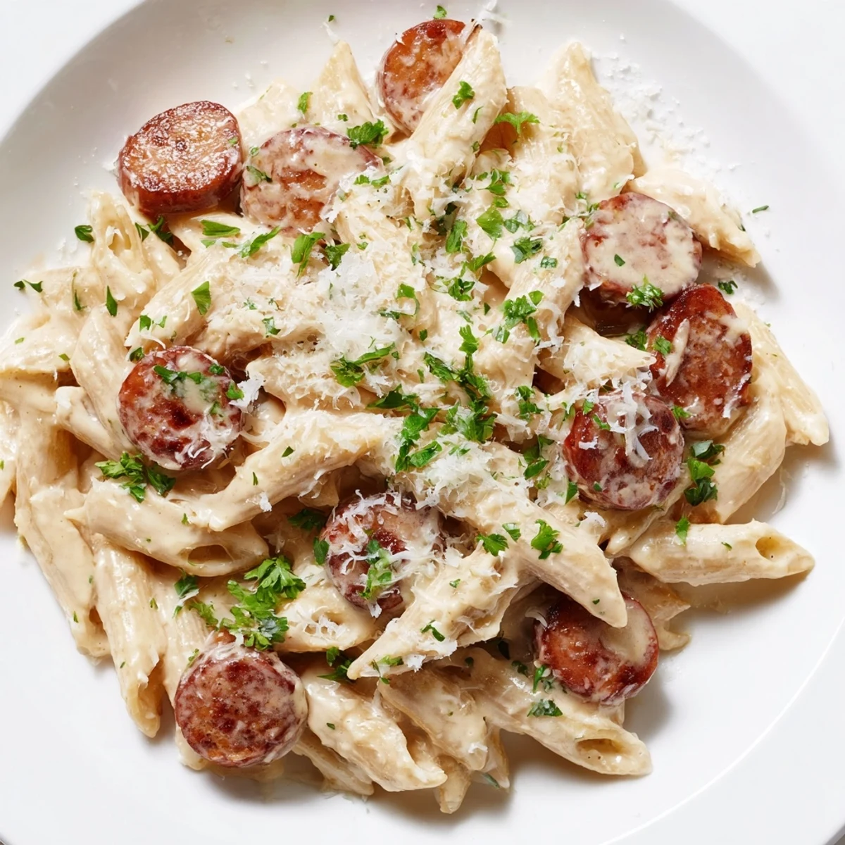 Close-up shot shows a bubbling pot of Cajun Spiced Smoked Sausage Alfredo, creamy and flavorful.