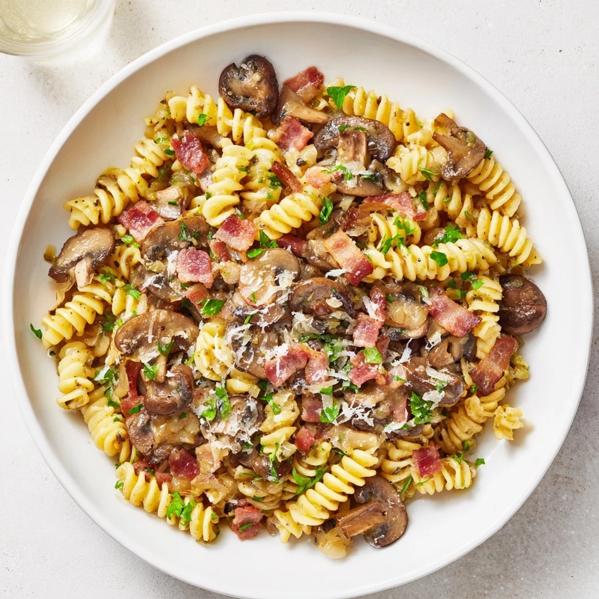 Fusilli with bacon, onions, and mushrooms: a steaming bowl of pasta with crispy bacon visible.