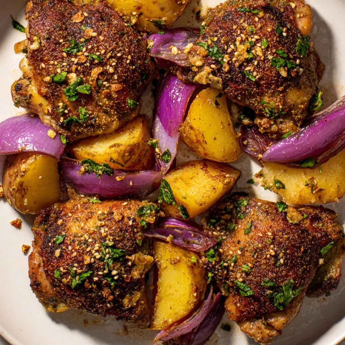 Imagine the aroma! Juicy Pan-Roasted Zaatar Chicken and Potatoes with vibrant parsley and lemon, ready to serve.