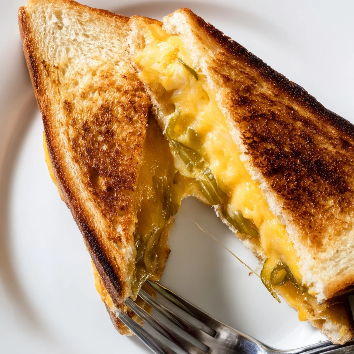 Golden, gooey Gooey Pickle Grilled Cheese Sandwich, with melty cheese and crispy, golden-brown bread.